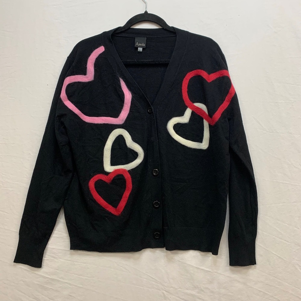 Aaeda Womens Black Heart Knit‎ Cardigan V-Neck Button Front Sweater Large